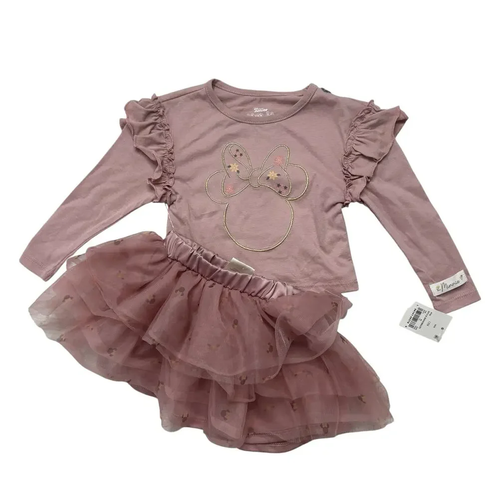 DISNEY *NEW* Minnie Pink Gold Outfit Size 12 Months Tule Skirt Top Cotton Blend